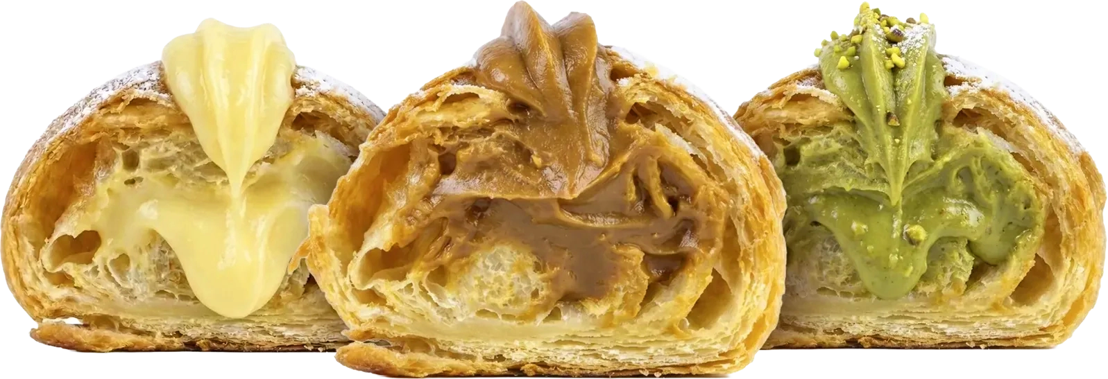 Medialunas rellenas de pastelera, manjar y pistacho